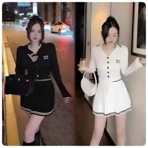 MIU MIU Knit Cardigan Pleated Skirt